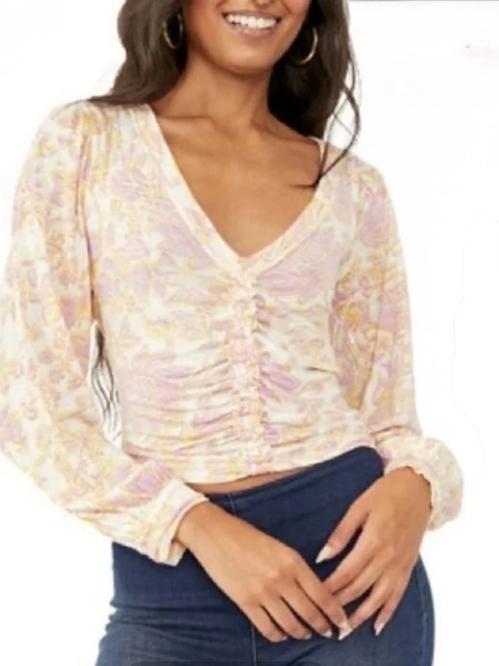Free People Ruched V-Neck Floral Long-Sleeve Top - Pink & Cream Sz L